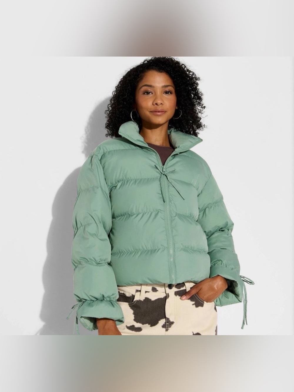 NWT Women's Bow Puffer Jacket Wild Fable Sage Green M Warm Winter Cozy
